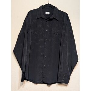 Wrangler Western Pearl Snap Shirt Cowboy Rodeo Monogram AOP Long Sleeve Black XL